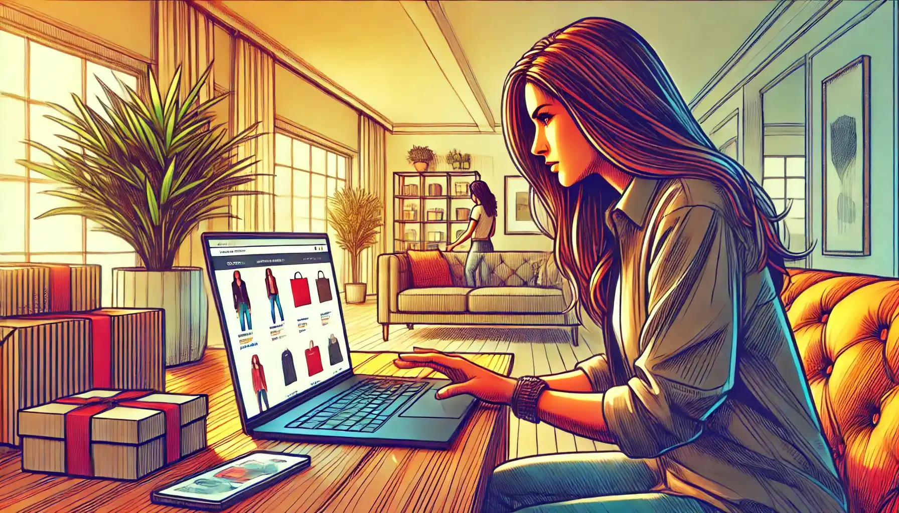 A fashionable woman looks through a marketplace page from her laptop.