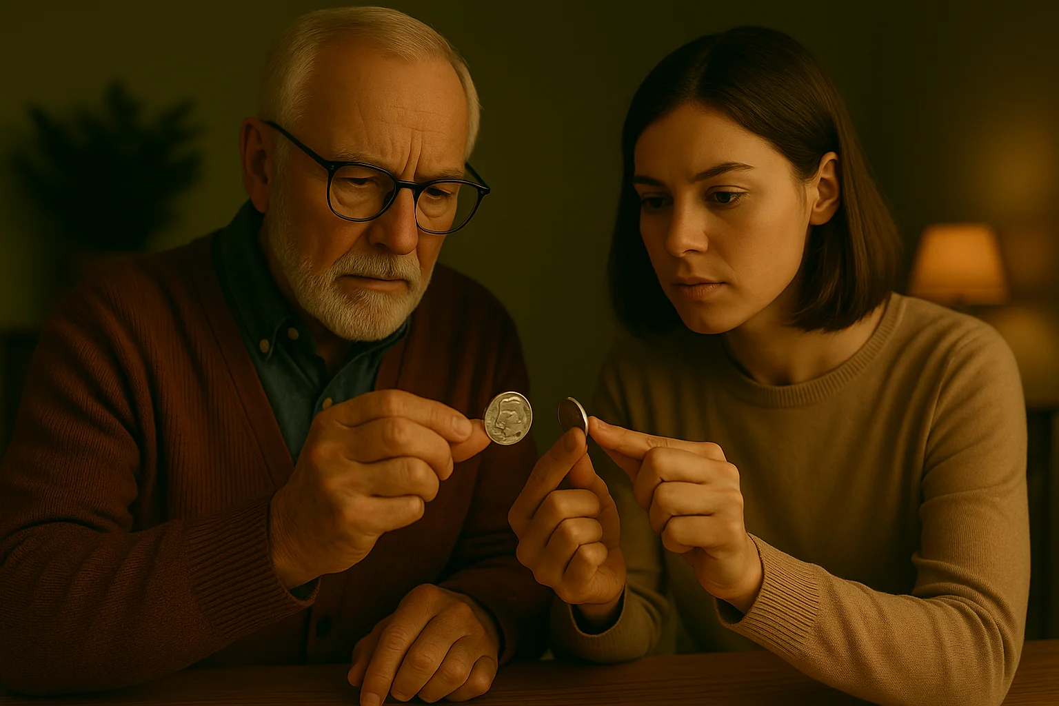 An elderly man and a young woman focus intently as they perform the ring test on a half dollar, listening for the distinct sound of silver.