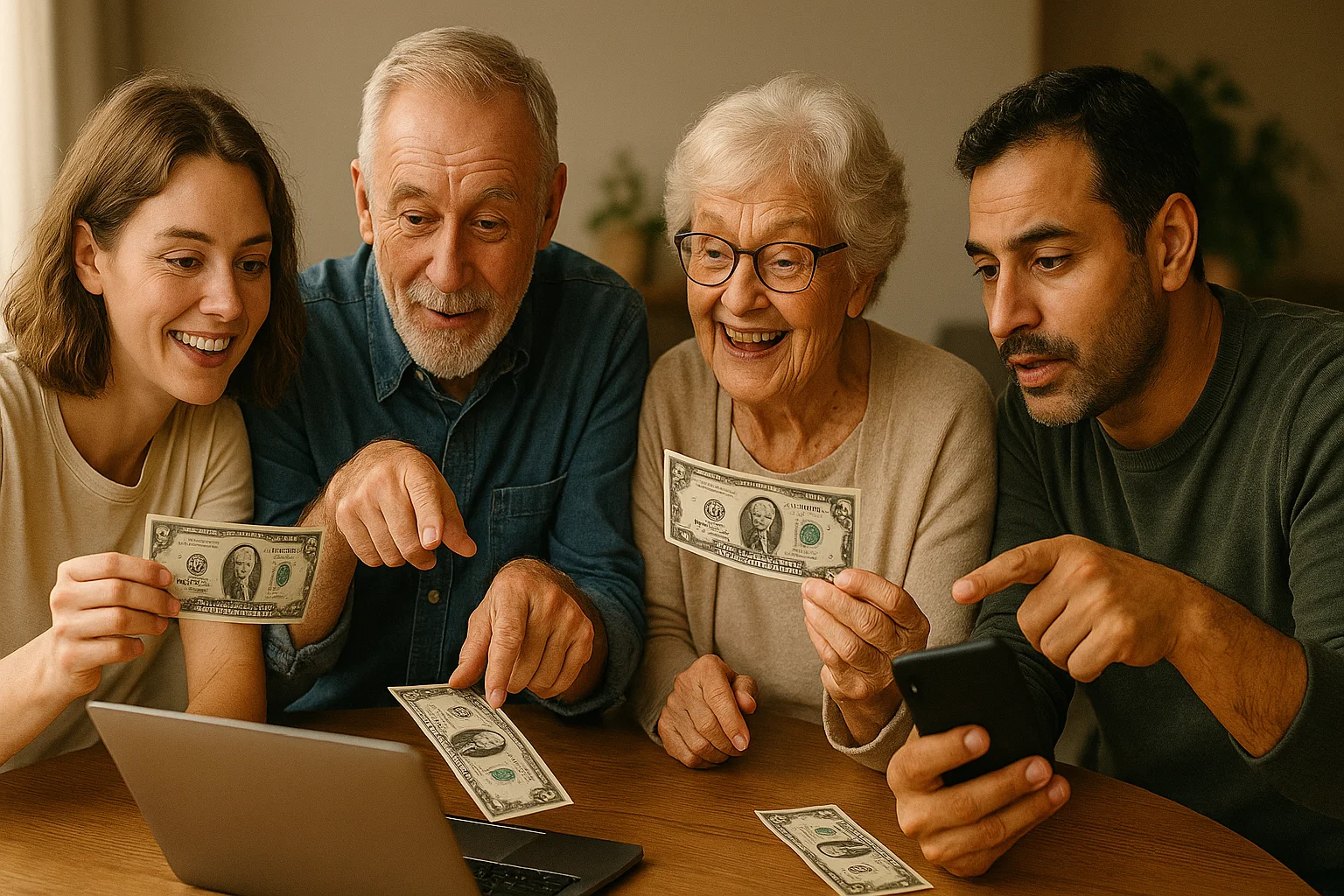 A family shares insights and excitement over collectible currency, some holding old bills while others reference a laptop during their lively discussion.