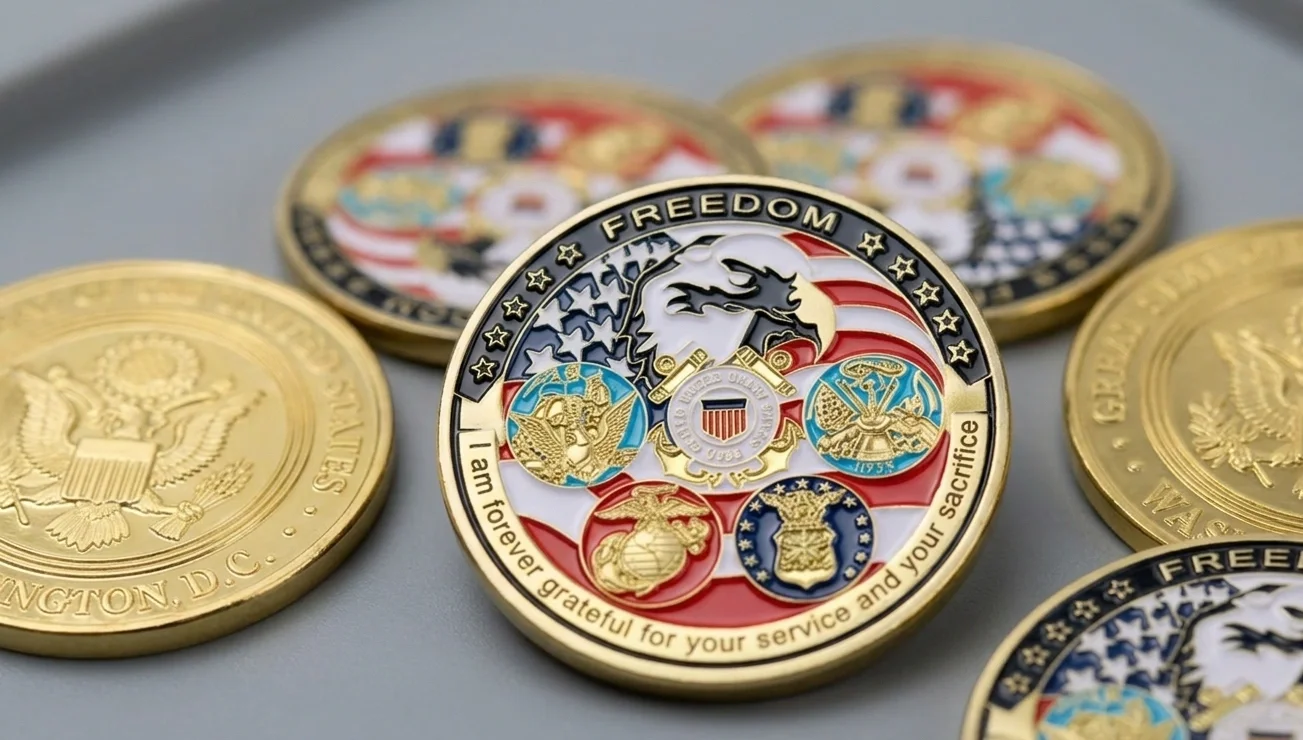 macro shot of multiple colored quarters with shallow depth of field